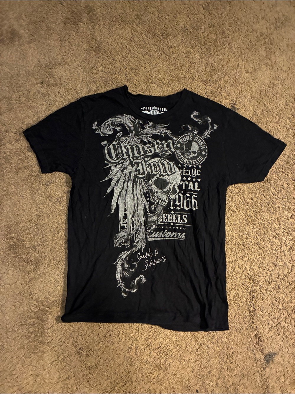 Affliction Black Short-Sleeve Graphic Tee with Silver Skull Design